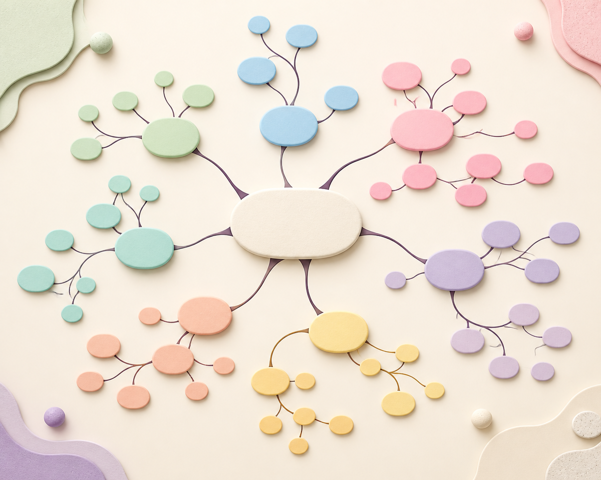 A branching visual map with connected pastel idea clusters